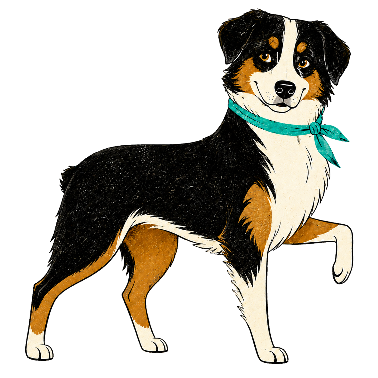 Mid-century modern black-tri Australian Shepherd with floppy ears and a bobtail